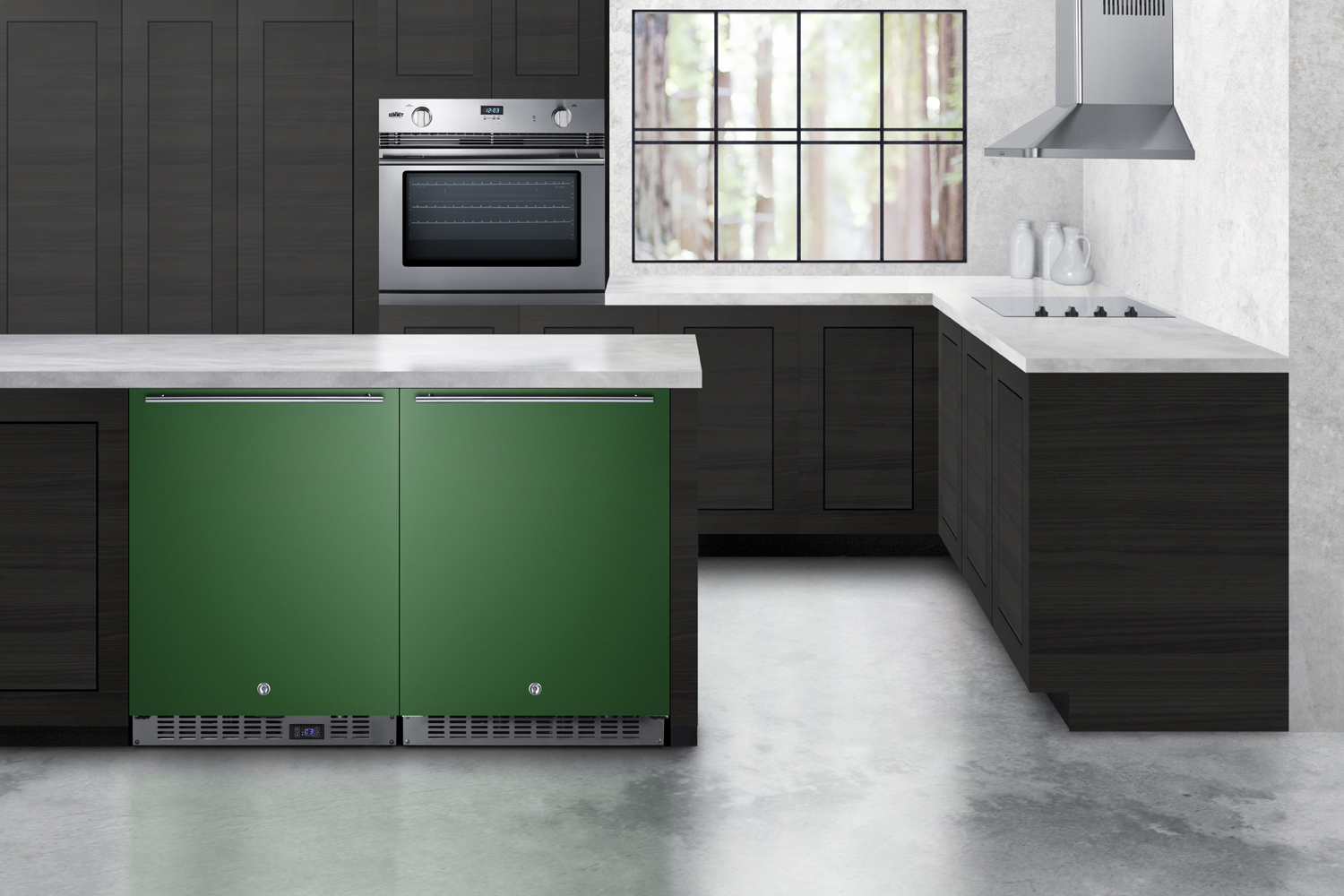 24 in. wide built-in undercounter ADA compliant all-refrigerator with emerald green door, stainless steel handle and kickplate, and black cabinet